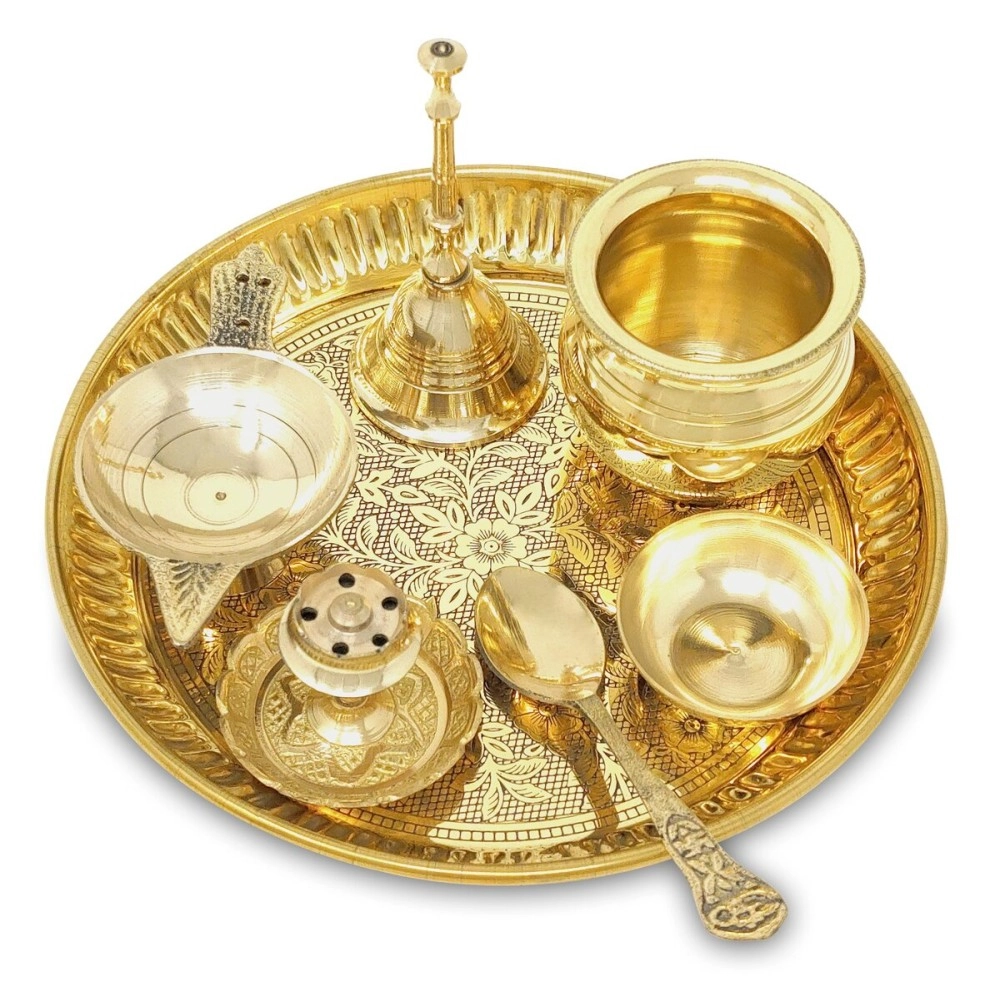 BENGALEN Brass Pooja Thali Set 6 Inch Puja Thali with Pital Plate Kalash Spoon Chandan Wati Dhup Dan Diya Ghanti Arti Thali for Diwali Home Office Mandir Wedding Return Gift Items