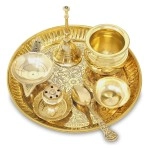 BENGALEN Brass Pooja Thali Set 6 Inch Puja Thali with Pital Plate Kalash Spoon Chandan Wati Dhup Dan Diya Ghanti Arti Thali for Diwali Home Office Mandir Wedding Return Gift Items