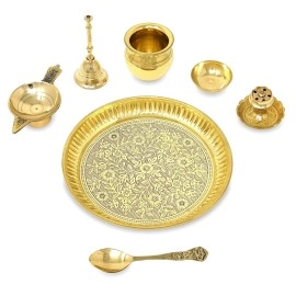 BENGALEN Brass Pooja Thali Set 6 Inch Puja Thali with Pital Plate Kalash Spoon Chandan Wati Dhup Dan Diya Ghanti Arti Thali for Diwali Home Office Mandir Wedding Return Gift Items