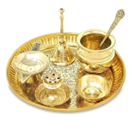 BENGALEN Brass Pooja Thali Set 6 Inch Puja Thali with Pital Plate Kalash Spoon Chandan Wati Dhup Dan Diya Ghanti Arti Thali for Diwali Home Office Mandir Wedding Return Gift Items