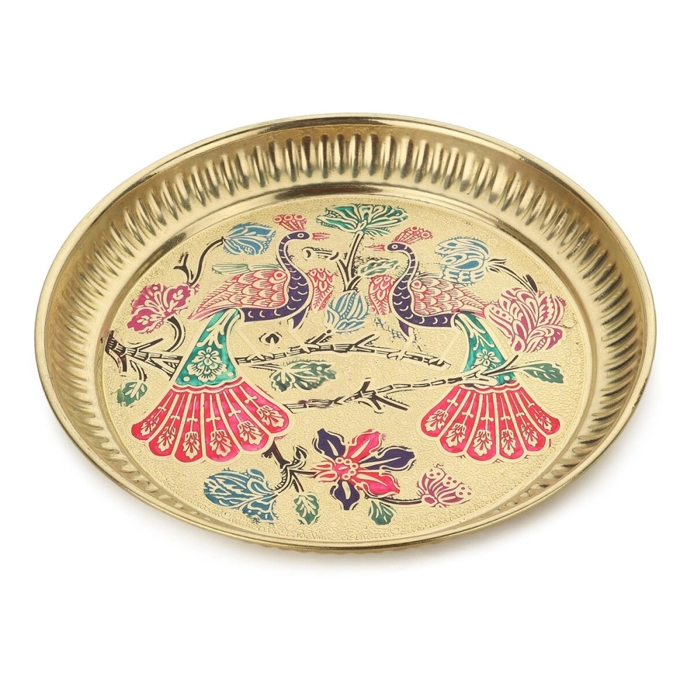 TORPPEZA Brass Golden Peacock Design Pooja Thali Plate for Home and Decoration - 7 Inch