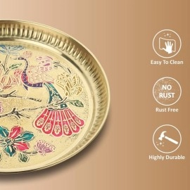 TORPPEZA Brass Golden Peacock Design Pooja Thali Plate for Home and Decoration - 7 Inch