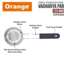 Orange Stainless Steel Triply Tadka Pan/Vaghariya Pan with Stay Cool Long Silicon Handle for Spice Seasoning, Frying, Heating and Roasting|, Silver | Induction Friendly (11CM)