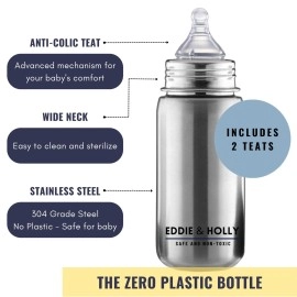 Eddie & Holly Steel Feeding Bottle | 400 ML Wide Neck | Zero Plastic | Premium Stainless Steel | Milk Bottle for New Born Baby and 1+ Year Baby (400 ML)