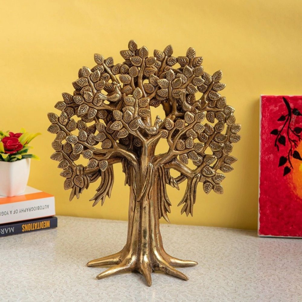 Jaszz Art Pure Brass Kalpavriksha Tree Showpiece (8 inches, 1 Kg) Trees of Life - Home Decor - Gift for Good Luck Vastu and Fengshui - Best in Living Room Table Decoration with Antique Polish