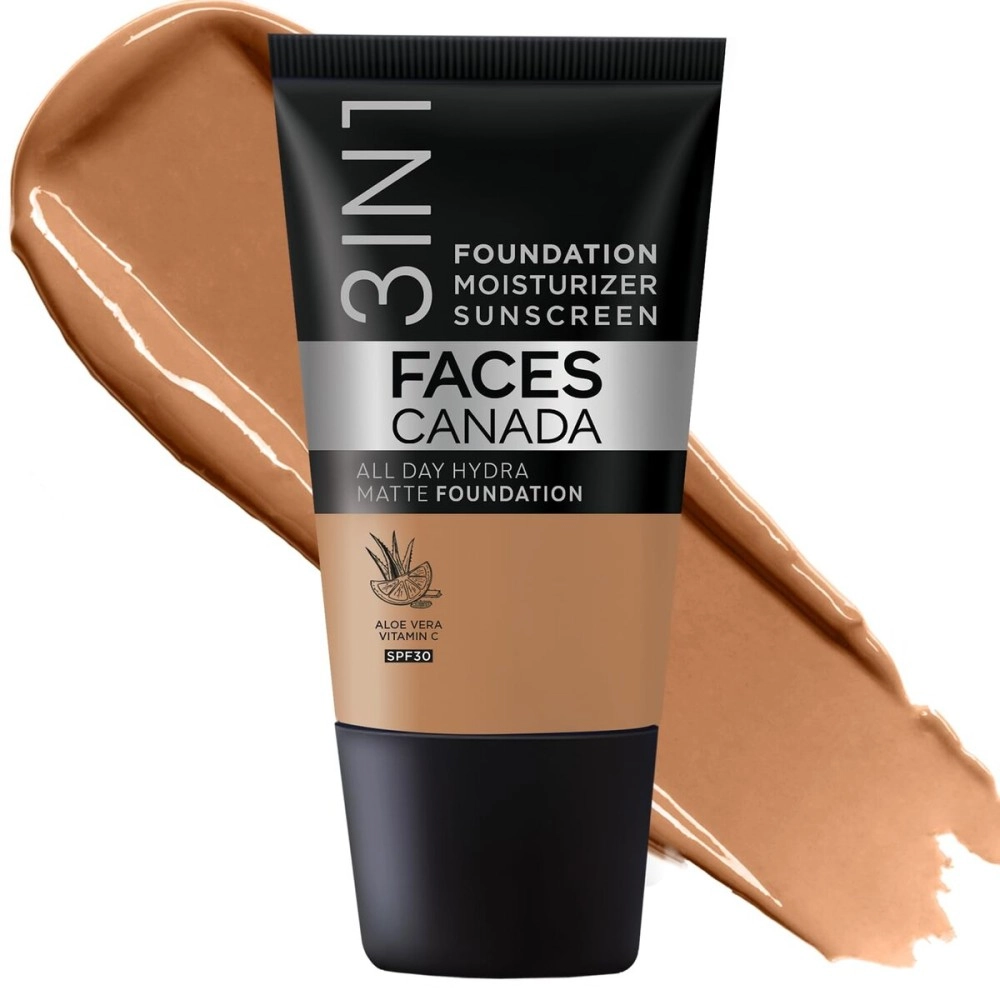 FACES CANADA All Day Hydra Matte Foundation - Mini | 3-in-1 Foundation + Moisturizer + SPF 30 | 24 HR Aloe Hydration & Vitamin C | 10HR Long Wear | Medium to High Buildable Coverage | Warm Sand,15ml