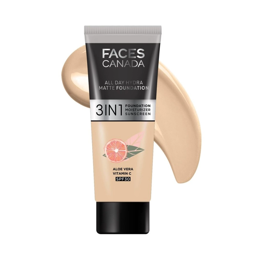 FACES CANADA All Day Hydra Matte Foundation - Mini | 3-in-1 Foundation + Moisturizer + SPF 30 | 24 HR Aloe Hydration & Vitamin C | 10HR Long Wear | Medium to High Buildable Coverage | Absolute Ivory,