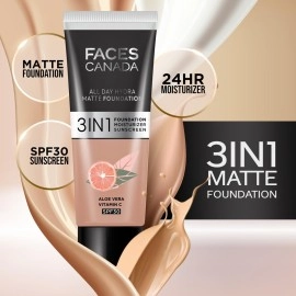 FACES CANADA All Day Hydra Matte Foundation - Mini | 3-in-1 Foundation + Moisturizer + SPF 30 | 24 HR Aloe Hydration & Vitamin C | 10HR Long Wear | Medium to High Buildable Coverage | Absolute Ivory,