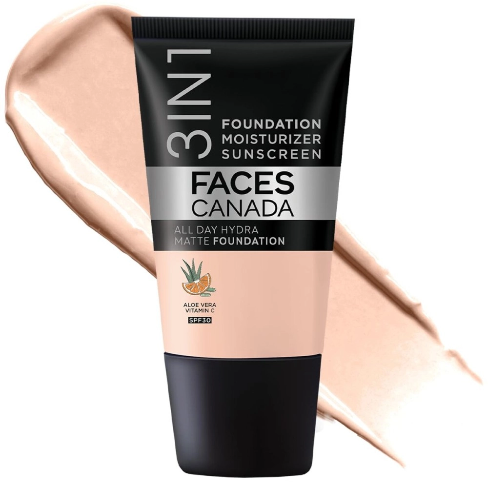 FACES CANADA All Day Hydra Matte Foundation - Mini | 3-in-1 Foundation + Moisturizer + SPF 30 | 24 HR Aloe Hydration & Vitamin C | 10HR Long Wear | Medium to High Buildable Coverage | Rose Ivory, 15ml