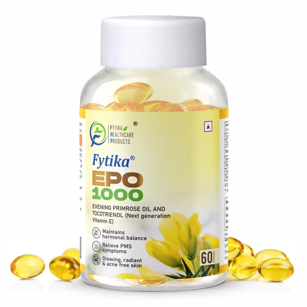 Fytika Epo 1000 Evening Primrose Oil and Tocotrienol Capsules | For Healthy and Acne free Skin | Supports Hormonal Balance in Women | Helpful in PMS & Menopause | Natural Oil Extract 60 Softgels Caps