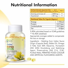 Fytika Epo 1000 Evening Primrose Oil and Tocotrienol Capsules | For Healthy and Acne free Skin | Supports Hormonal Balance in Women | Helpful in PMS & Menopause | Natural Oil Extract 60 Softgels Caps