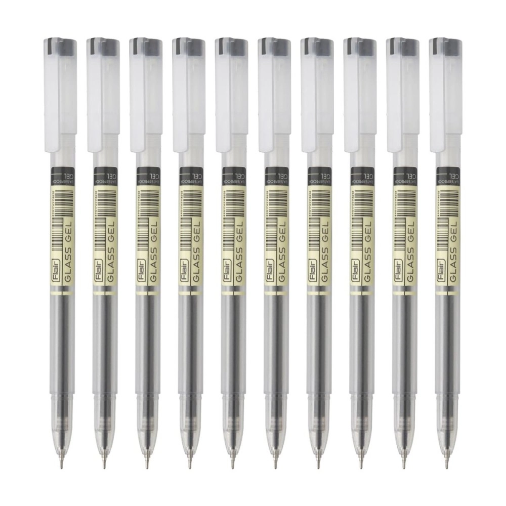 FLAIR Glass 0.6mm Gel Pen | Waterproof Ink, Low-Viscosity, Quick Dry | Transparent Body, Fine Tip | Black Ink, Pack of 10