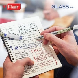 FLAIR Glass 0.6mm Gel Pen | Waterproof Ink, Low-Viscosity, Quick Dry | Transparent Body, Fine Tip | Black Ink, Pack of 10