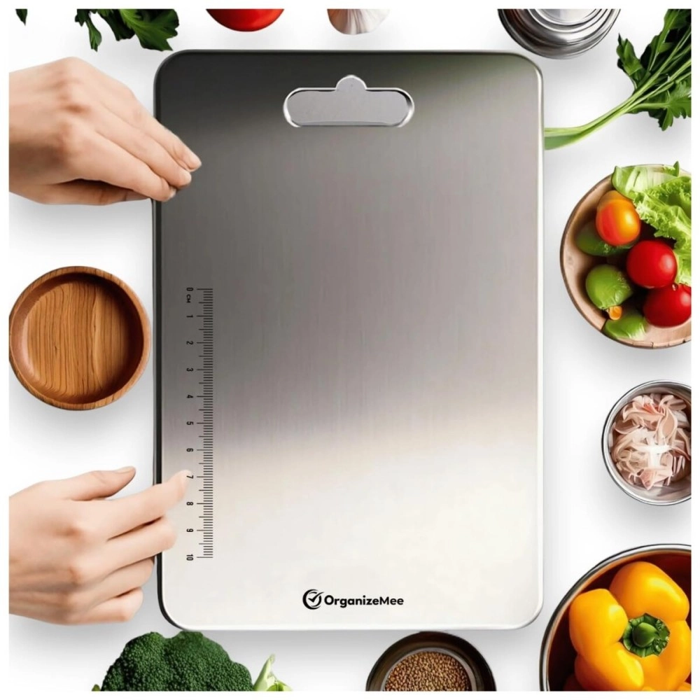 Organizemee Stainless Steel Kitchen Chopping & Cutting Board - Heavy Duty Vegetable Cutter Board with Stand, Wall Mount, Large Size (31x21 cm)