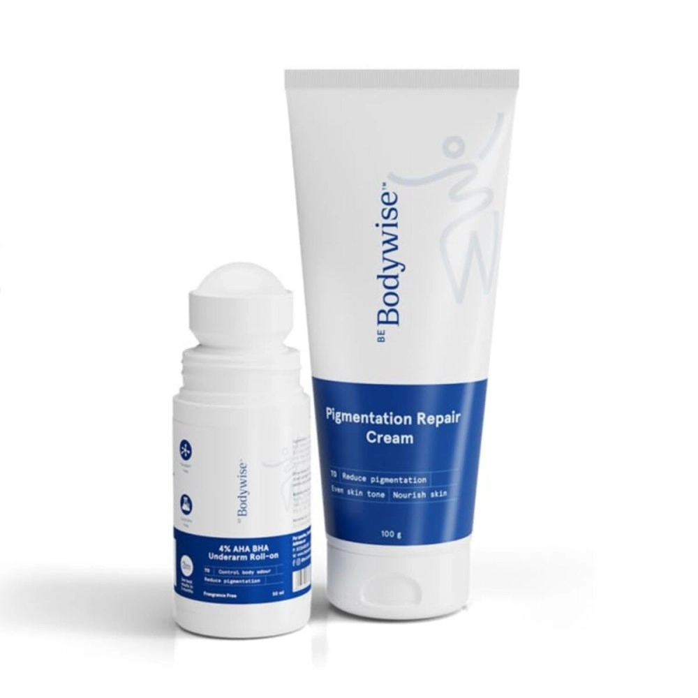 Be Bodywise Underarm Pigmentation Kit - No Fragrance | With 4% AHA BHA Underarm Roll-on (50ml) & Pigmentation Repair Cream (100g) | For Bright & Smooth Underarms | Fights Odour-Causing Bacteria, Fade