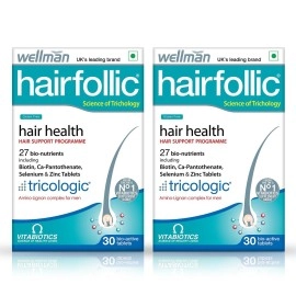 wellman Hairfollic Hair Supplements Tablet For Men - Advanced Hair Nutrition With Tricological Amino-Lignan Complex | 27 Bionutrients For Healthy Hair, Beard, And Skin (Pack Of 2)