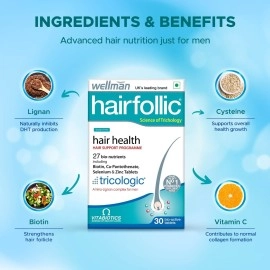 wellman Hairfollic Hair Supplements Tablet For Men - Advanced Hair Nutrition With Tricological Amino-Lignan Complex | 27 Bionutrients For Healthy Hair, Beard, And Skin (Pack Of 2)