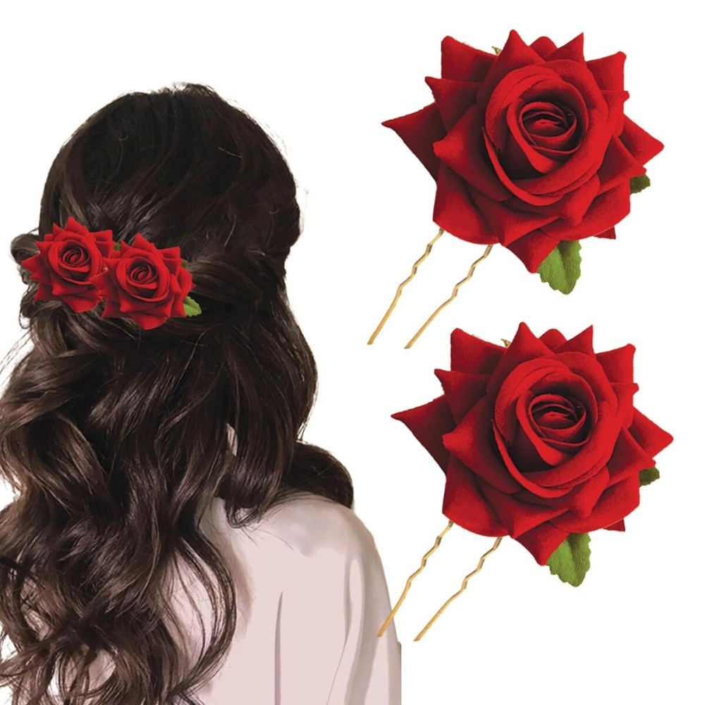 TEMPERIA (2pcs) Hair Accessories For Women & Girls - Stylish Red Rose Artificial Flowers Bun Juda U Pins & Clips for Style & Decoration - Bridal Brooch & Braid for Hairstyle of Bride, Wedding & Party