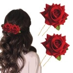 TEMPERIA (2pcs) Hair Accessories For Women & Girls - Stylish Red Rose Artificial Flowers Bun Juda U Pins & Clips for Style & Decoration - Bridal Brooch & Braid for Hairstyle of Bride, Wedding & Party