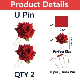 TEMPERIA (2pcs) Hair Accessories For Women & Girls - Stylish Red Rose Artificial Flowers Bun Juda U Pins & Clips for Style & Decoration - Bridal Brooch & Braid for Hairstyle of Bride, Wedding & Party