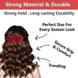 TEMPERIA (2pcs) Hair Accessories For Women & Girls - Stylish Red Rose Artificial Flowers Bun Juda U Pins & Clips for Style & Decoration - Bridal Brooch & Braid for Hairstyle of Bride, Wedding & Party