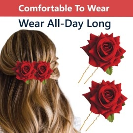 TEMPERIA (2pcs) Hair Accessories For Women & Girls - Stylish Red Rose Artificial Flowers Bun Juda U Pins & Clips for Style & Decoration - Bridal Brooch & Braid for Hairstyle of Bride, Wedding & Party