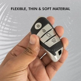 SHOPOFLUX TPU Leather Key Cover Compatible with Kia Seltos | Sonet | Carens 4 Button Smart Key (Black Silver)