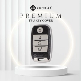 SHOPOFLUX TPU Leather Key Cover Compatible with Kia Seltos | Sonet | Carens 4 Button Smart Key (Black Silver)
