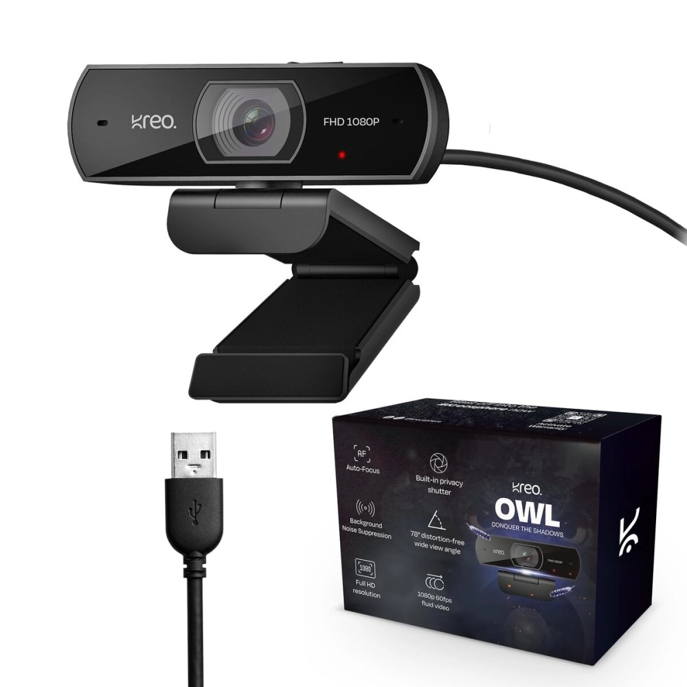 Kreo Owl Full HD Webcam with Auto-Focus and Built-in Dual Digital Mic, Plug and Play Setup for Video Call, Streaming, YouTube and More, Built-in Privacy Shutter with 360 Rotation (Black, Owl)