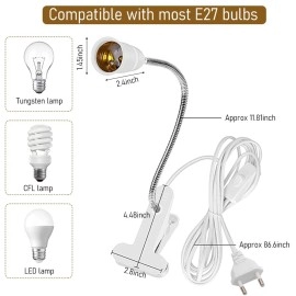 ELEPHANTBOAT E27 Clamp Incandescent Light Lamp Holder With Metal Clip 360 Flexible Gooseneck And Switch,E27 Bulb Holder With Plug Socket,Clip Lamp Holder Desk Lamp Lamp Base Holder(No Bulb),White