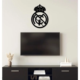 AD INFINITUM Football Club Logo Wooden plaque | Hanging Wall Art Decor for Living Room Bedroom Kitchen Office | Aesthetic Gift for Football Fan (Real Madrid CF, Black (Single Layer))