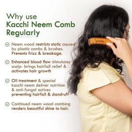 Nat Habit Kacchi Neem Wooden Bounce Comb - Soaked In 17 Herbs, Neem & Sesame Oil - For Voluminous Hair, Gentle Detangling & Styling (Wide Tooth) Pack of 1