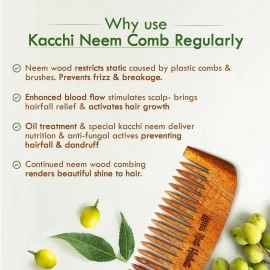 Nat Habit Kacchi Neem Wooden Bounce Comb - Soaked In 17 Herbs, Neem & Sesame Oil - For Voluminous Hair, Gentle Detangling & Styling (Wide Tooth) Pack of 1