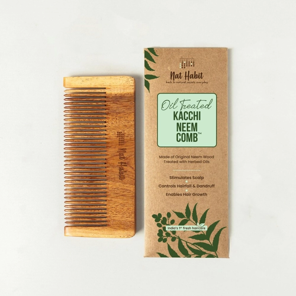 Nat Habit Kacchi Neem Wooden Comb - Soaked In 17 Herbs, Neem & Sesame Oil For Men & Women Daily Styling & Detangling (Fine Tooth Small Size) Pack of 1