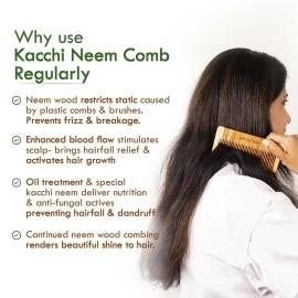 Nat Habit Kacchi Neem Wooden Comb - Soaked In 17 Herbs, Neem & Sesame Oil For Men & Women Daily Styling & Detangling (Fine Tooth Small Size) Pack of 1