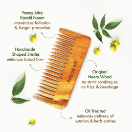 Nat Habit Kacchi Neem Wooden Shampoo Comb - Soaked In 17 Herbs, Neem & Sesame Oil - For Post Shampoo Detangling Suited For Long & Thick Hair (Wide Tooth- Small Size) Pack of 1