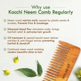 Nat Habit Kacchi Neem Wooden Shampoo Comb - Soaked In 17 Herbs, Neem & Sesame Oil - For Post Shampoo Detangling Suited For Long & Thick Hair (Wide Tooth- Small Size) Pack of 1