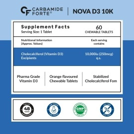 Carbamide Forte Chewable Vitamin D3 10000 IU - Cholecalciferol Vitamin D Supplement for Women & Men | Orange Flavour - 60 Tablets