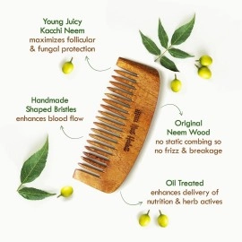 Nat Habit Kacchi Neem Wooden Comb - Soaked In 17 Herbs, Neem & Sesame Oil - Pocket-Sized For Voluminous Hair, Men & Kids Short Hair, Combo (Bouse Comb, Pocket Fine & Dual Tooth)
