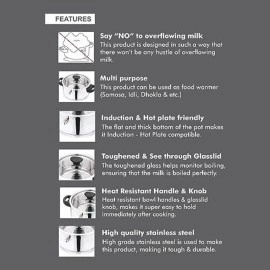 NanoNine Stainlesss Steel Polished Double Wall Milk Boiler, 1Liters, 1 Pc