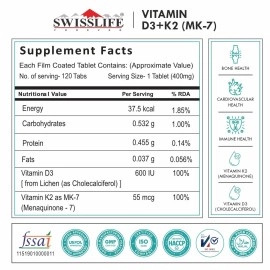Swisslife Forever Vitamin D3 & K2 as Mk7 Supplement | Immune Support | Promotes Bone and Heart Health Support | 120 Veg Tablets