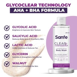Sanfe Clear & Confident Glycolic Acid Body Wash | AHA Exfoliation for Rough & Bumpy Skin, Tan, Acne & Strawberry Skin | Smooth Skin from 1st Use | 250ml Daily Shower Gel