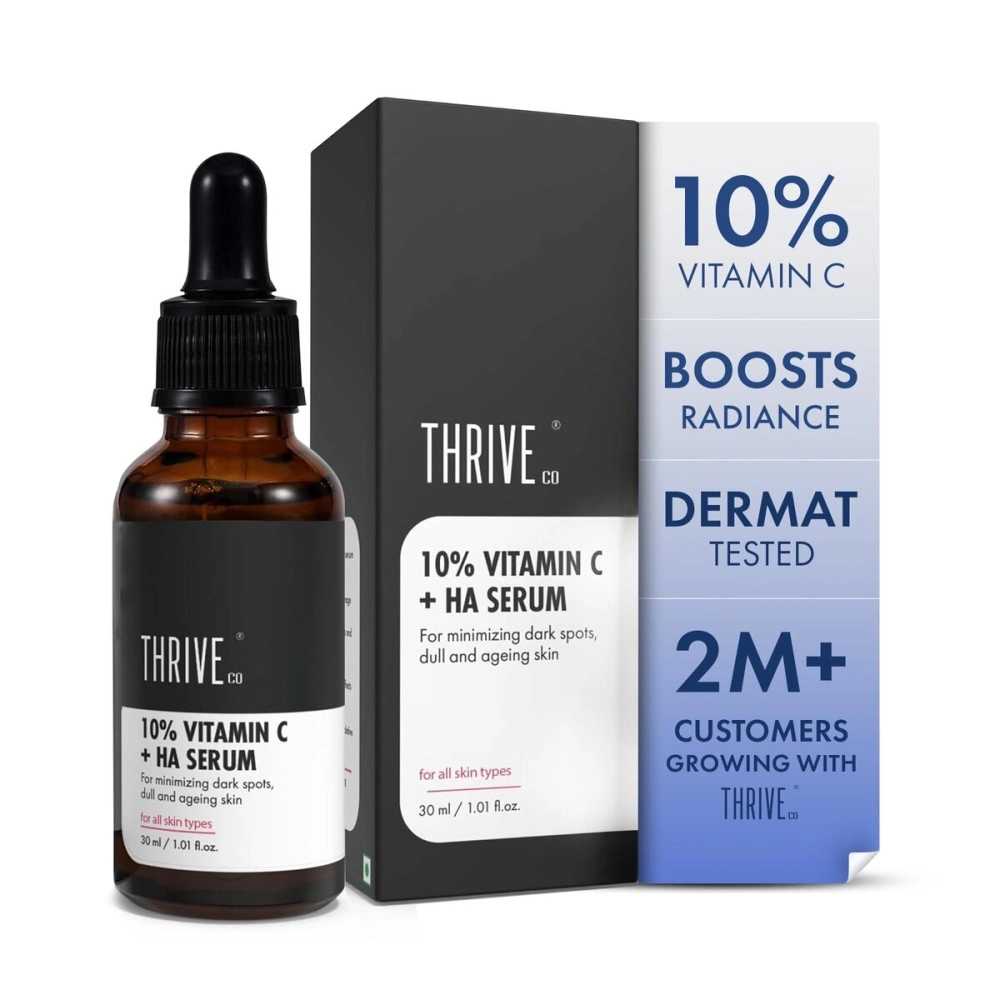 ThriveCo 10% Vitamin C Serum For Face With Hyaluronic Acid | Gives Instant Brightening Effect & Glowing Skin | For Men & Women | All Skin Types | Non-Sticky, Vegan, Fragrance & Cruelty-Free | 30ml