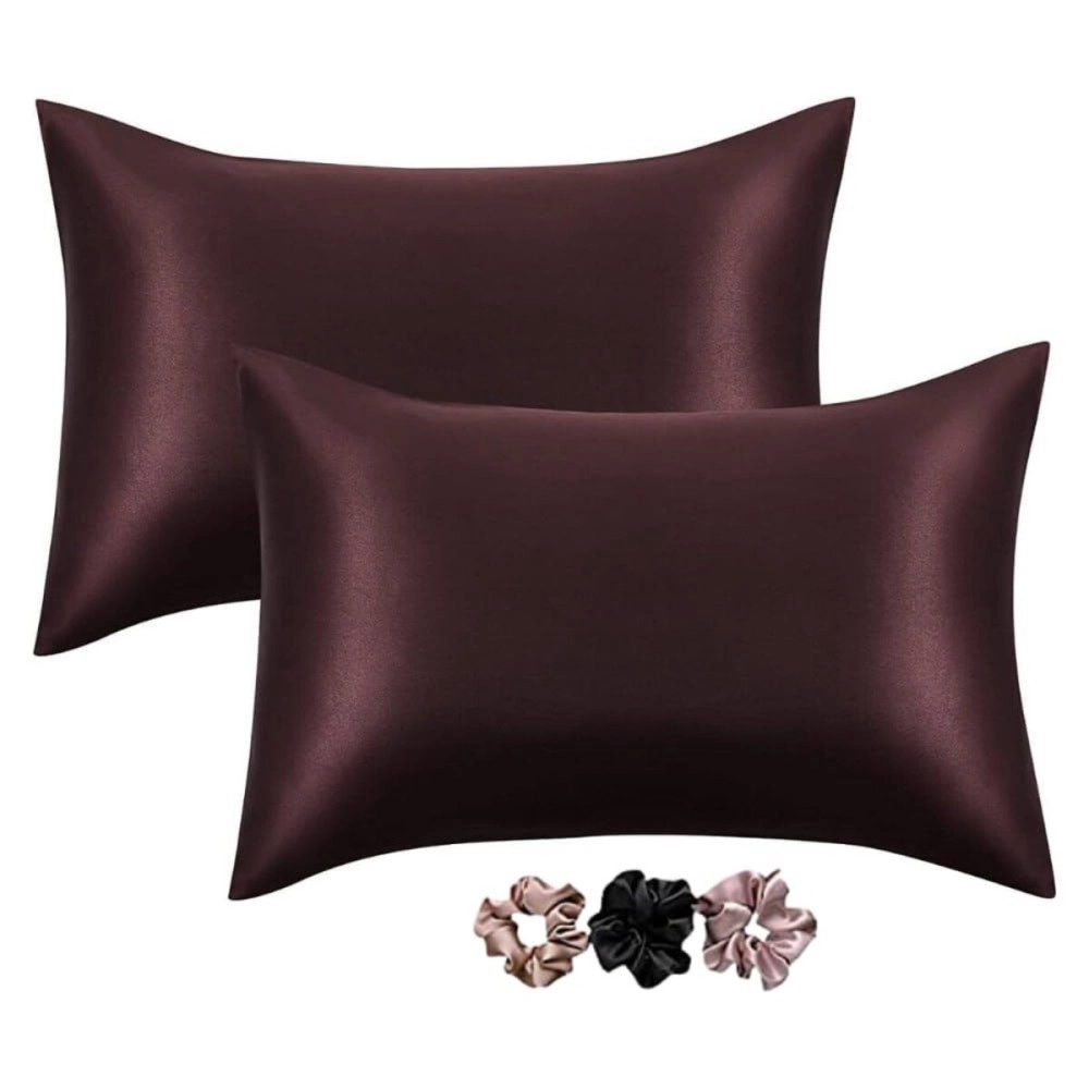 GO WELL Satin Silk Solid Pillow Covers 400 Tc Pack Of 2 For Hair And Skin-With Satin Scrunchies For Women Stylish|Satin Pillow Coves For Hair And Skin|Scrunchies For Women 3-Piece|Pillow Case(Brown)