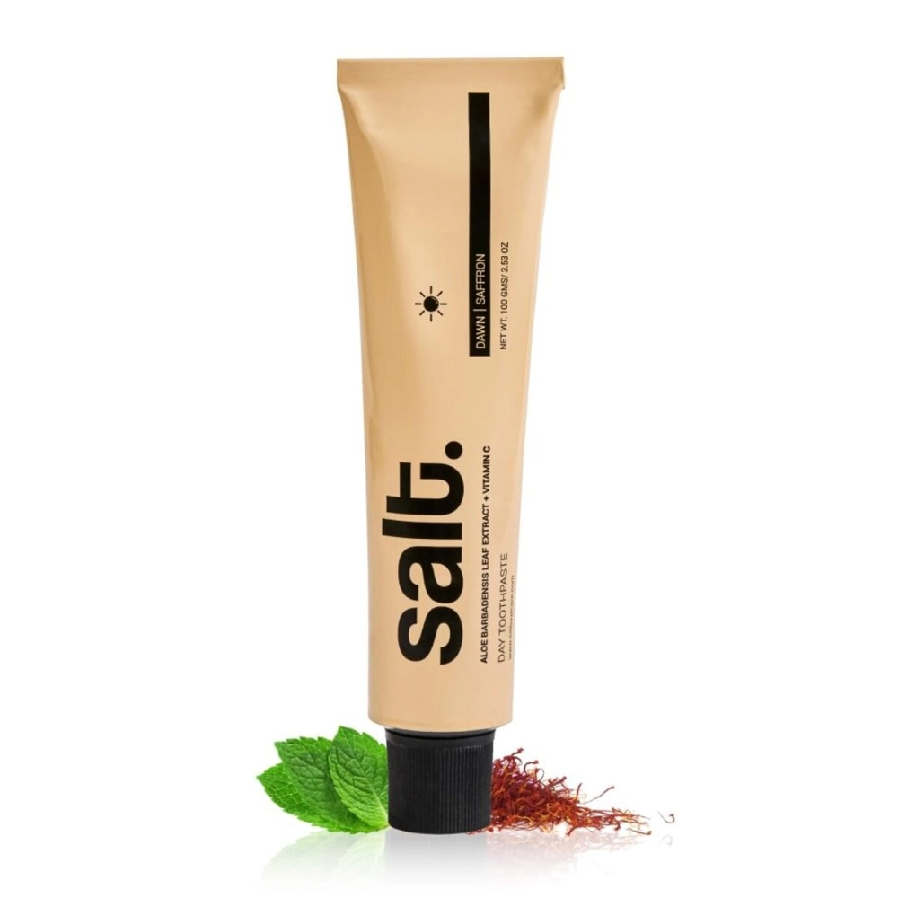 Salt. Oral Care Saffron Dawn Day Toothpaste | Natural Saffron & Mint Flavor | With Calendula Officinalis Extract & Aloe Leaf | Soothes Gums, Protects Enamel | Anti-Bacterial Formula | 100g