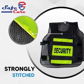 Safe Cure Polyester Fabric Security Print Reflective Safety Jacket | Ideal For a Variety Of Purposes Such As Traffic Control, Sports, Construction Sites & Sea Patrolling | Black, Pack Of 1
