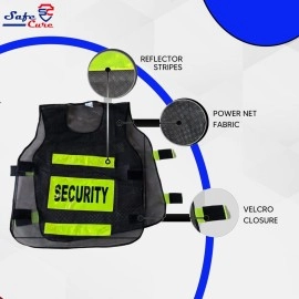 Safe Cure Polyester Fabric Security Print Reflective Safety Jacket | Ideal For a Variety Of Purposes Such As Traffic Control, Sports, Construction Sites & Sea Patrolling | Black, Pack Of 1