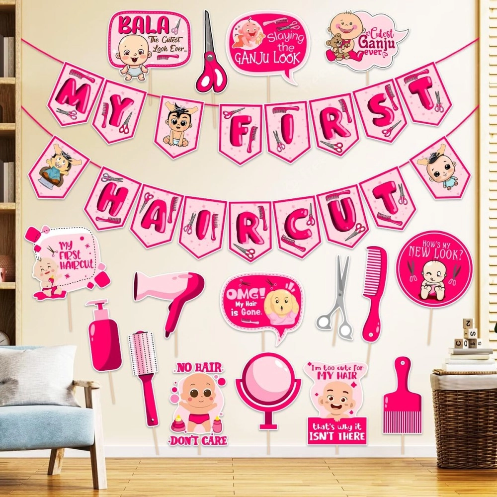 Zyozique My First Hair Cut Decorations/ Mundan Ceremony Decorations Set For Baby Girl - My First Hair Cut Banner & Photo Booth Props, Pink (Pack Of 17)