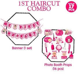 Zyozique My First Hair Cut Decorations/ Mundan Ceremony Decorations Set For Baby Girl - My First Hair Cut Banner & Photo Booth Props, Pink (Pack Of 17)