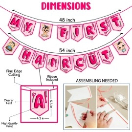 Zyozique My First Hair Cut Decorations/ Mundan Ceremony Decorations Set For Baby Girl - My First Hair Cut Banner & Photo Booth Props, Pink (Pack Of 17)